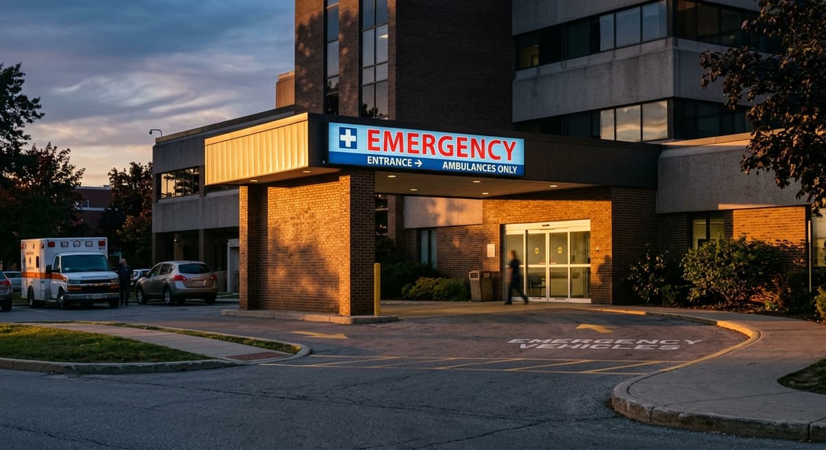 Ontario hospital emergency entrance sign illuminated at twilight