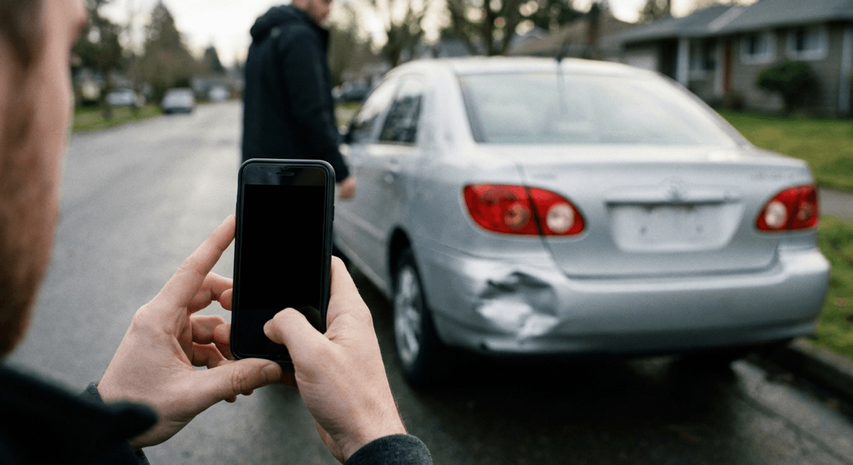 Manos sosteniendo un teléfono para fotografiar la esquina trasera abollada de un sedán plateado en una calle residencial