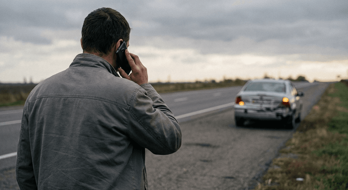 Conductor en el arcén de una carretera llamando por teléfono, con un sedán plateado de esquina trasera abollada y luces de emergencia detrás