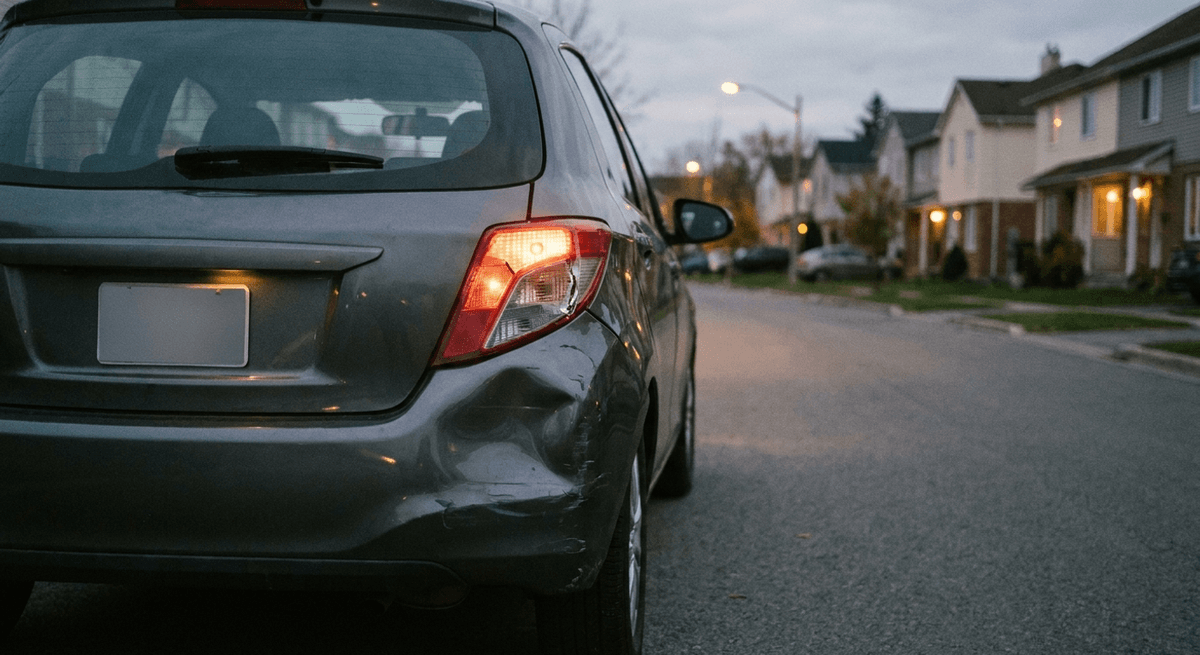 Esquina trasera abollada y luz trasera rota de un hatchback gris en una calle residencial al anochecer