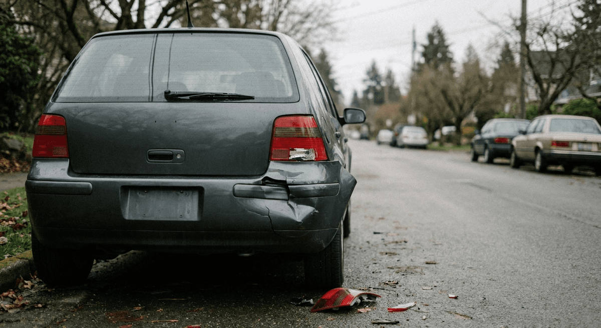 la parte trasera de un hatchback gris oscuro estacionado con la esquina del parachoques hundida y una luz trasera rota en una calle tranquila