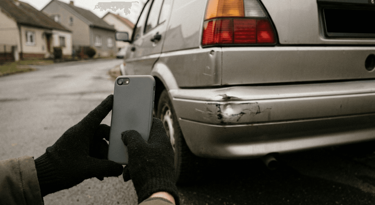 Manos con guantes sosteniendo un teléfono para fotografiar el parachoques trasero abollado de un hatchback plateado