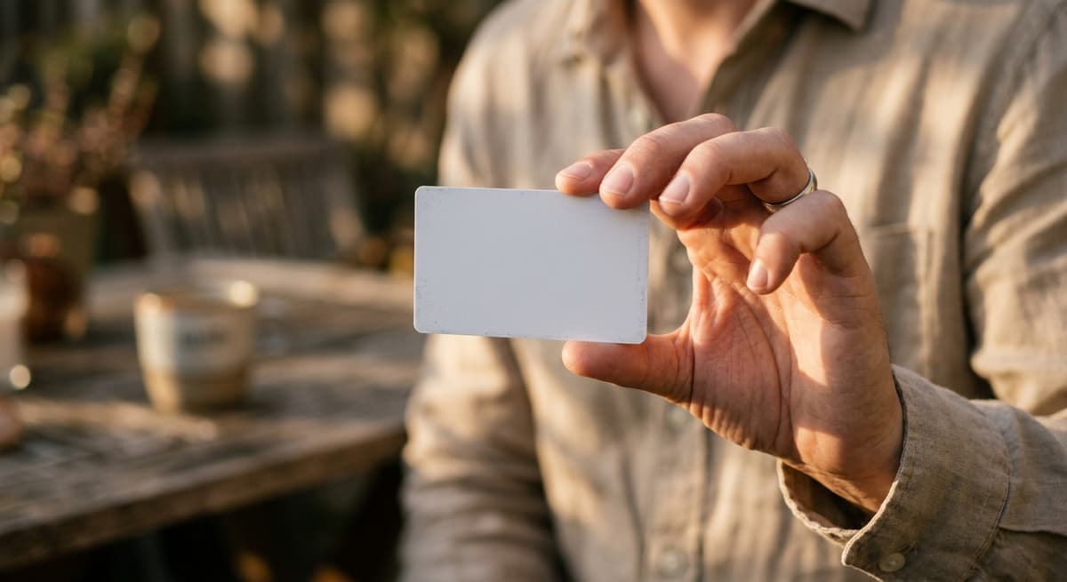 a close crop of a hand holding a blank plastic card, background bokeh, neutral tones