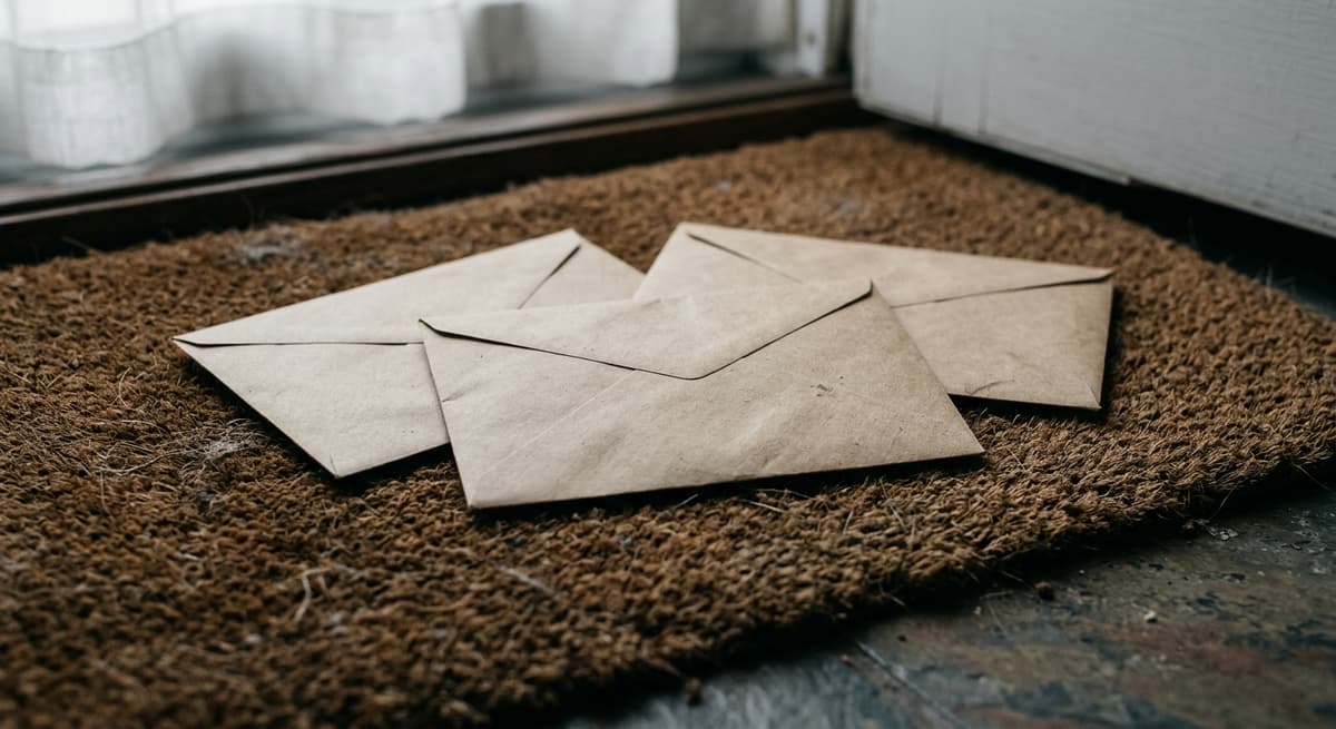 three identical envelopes on a doormat, no readable text, morning light
