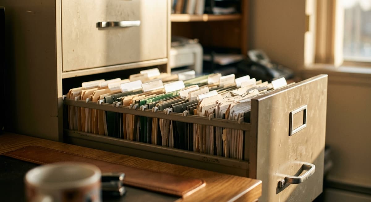 a filing cabinet drawer half open with folders, warm office light, no labels readable