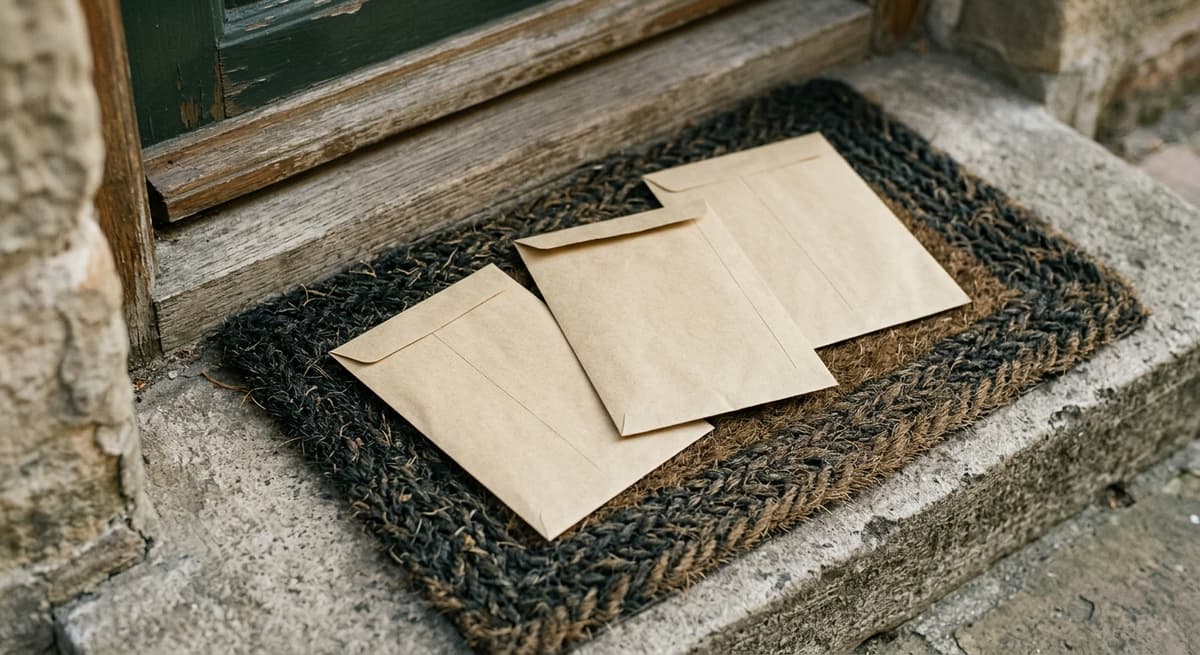 three identical envelopes on a doormat, no readable text, morning light