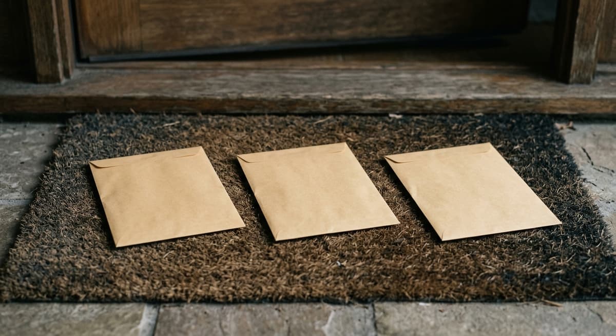 three identical envelopes on a doormat, no readable text, morning light