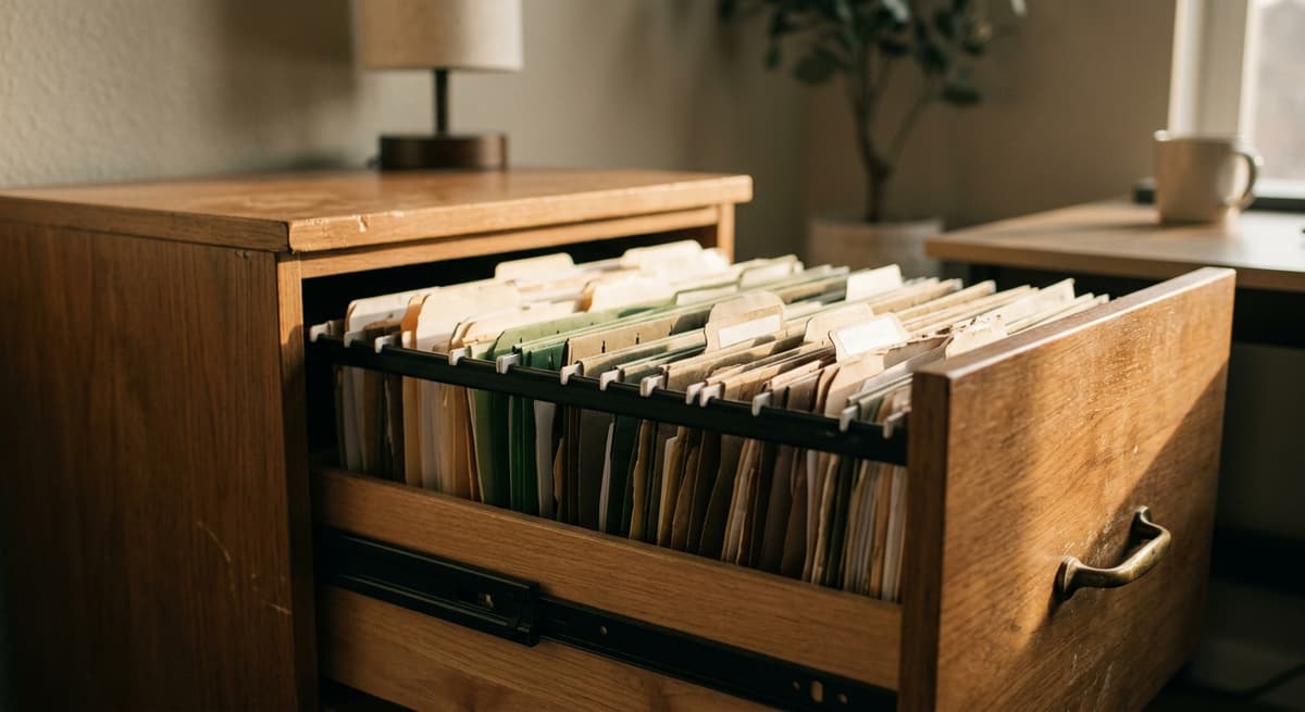 a filing cabinet drawer half open with folders, warm office light, no labels readable
