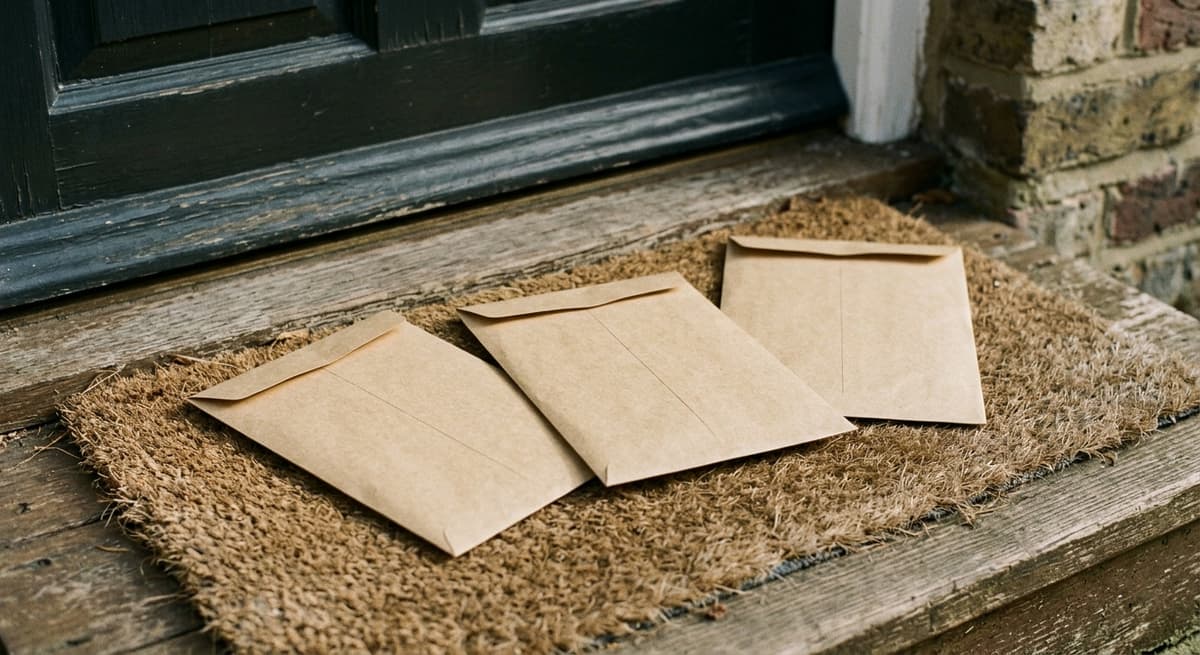 three identical envelopes on a doormat, no readable text, morning light