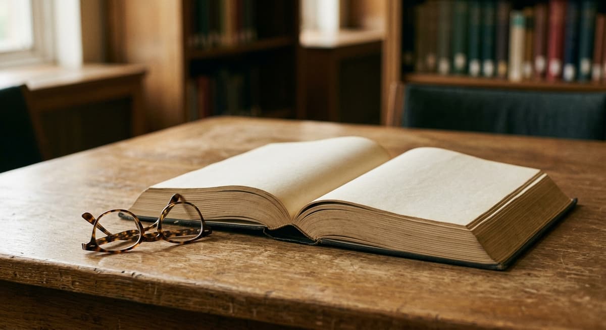 Libro de consulta abierto y lentes sobre una mesa de biblioteca