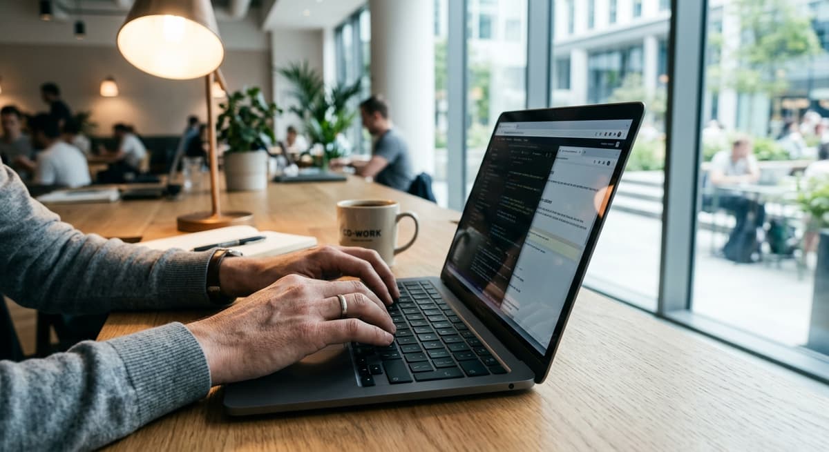 يدان تكتبان على لوحة مفاتيح حاسوب محمول في مساحة عمل مشتركة حديثة ومضيئة، مع نوافذ كبيرة في الخلفية