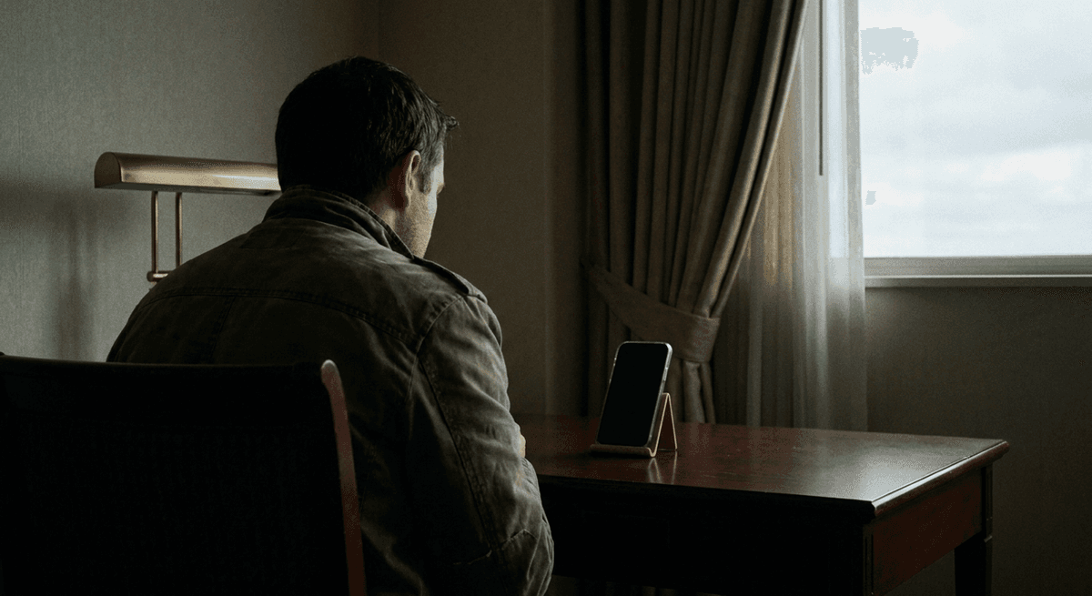 passeport fermé posé sur un bureau d'hôtel à côté d'un smartphone et d'une carte-clé de chambre