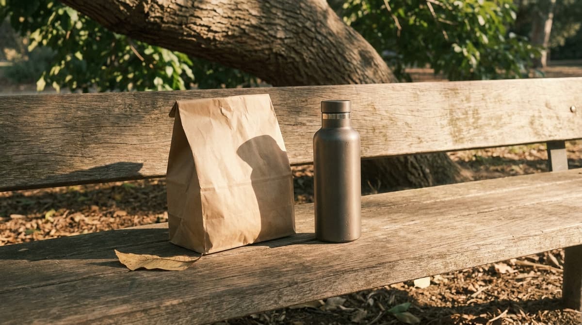 Nebraska jury duty: lunch bag and water bottle on a park bench