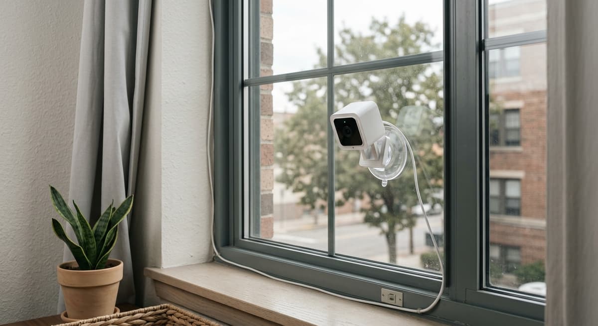 Kentucky apartment window with a security camera suction-mounted on the inside glass