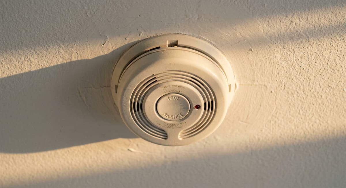 Kentucky smoke detector on a white apartment ceiling, standard round housing