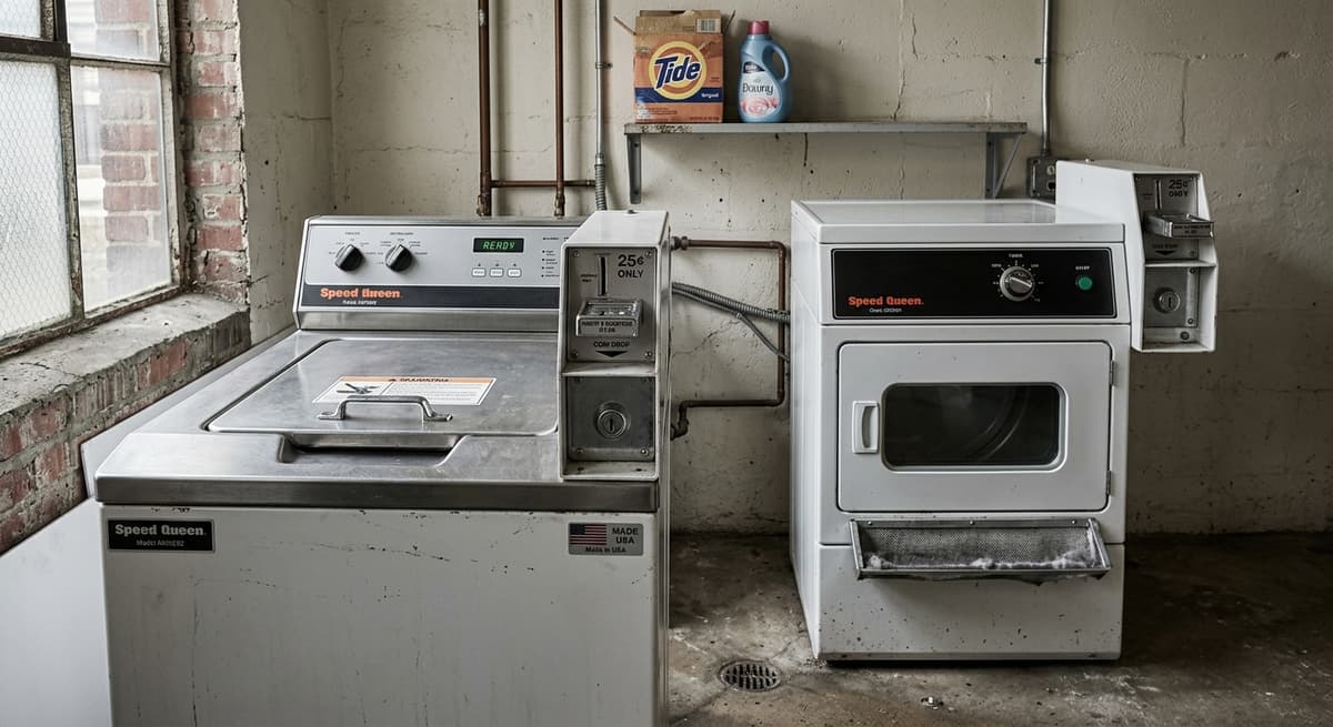 Pennsylvania laundry room in an apartment basement with coin-operated machines