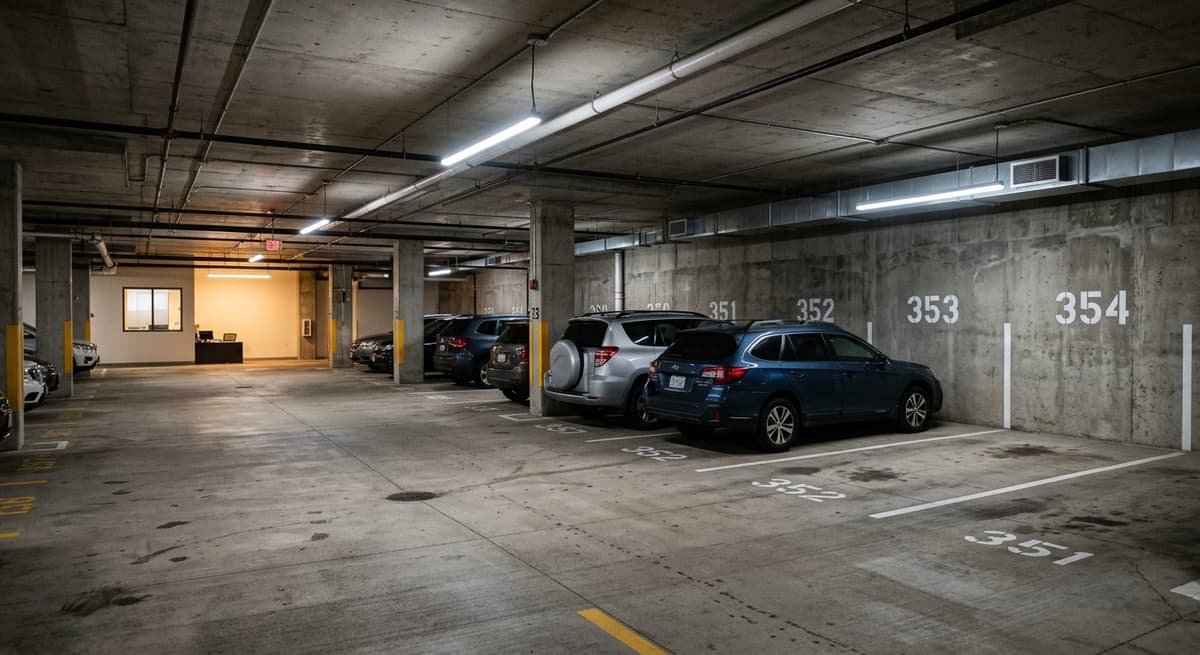 Pennsylvania apartment parking garage with numbered spaces and overhead lighting