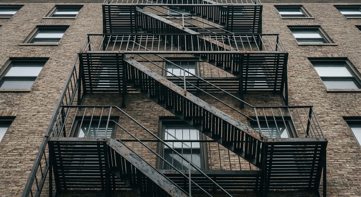 Kentucky apartment building fire escape stairs viewed from below