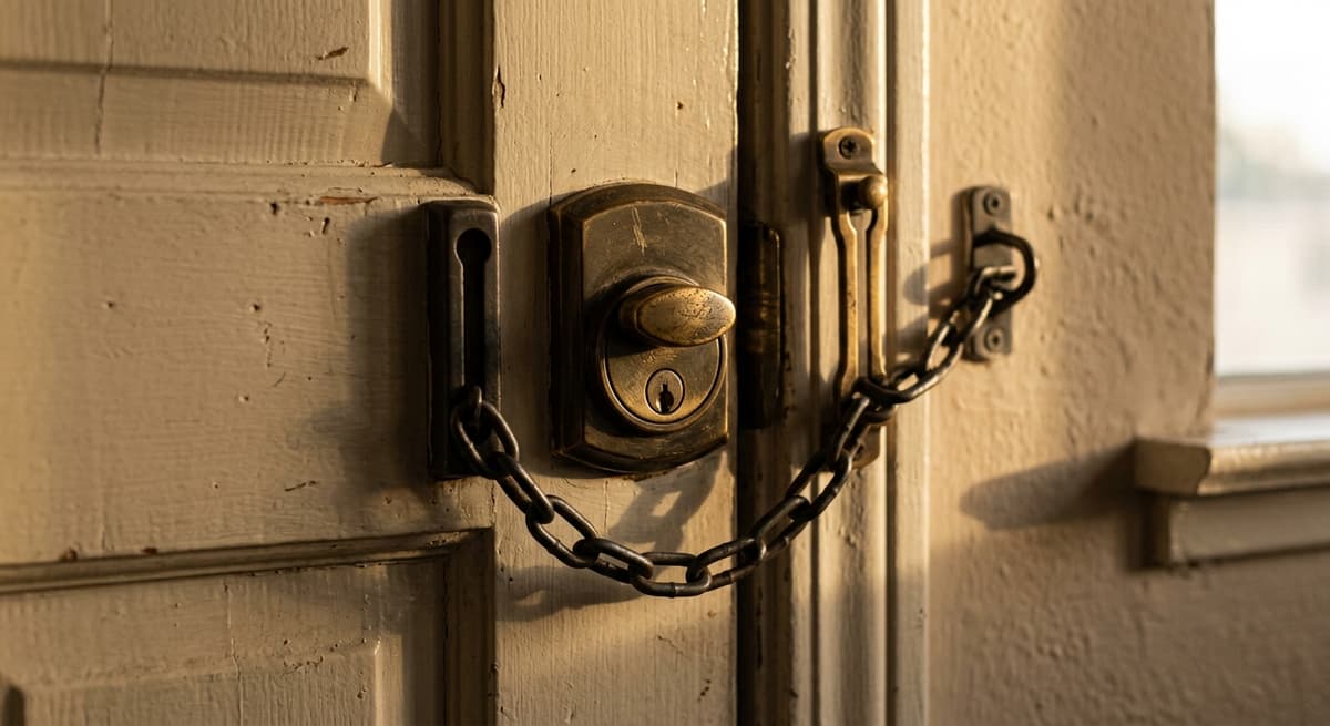 Texas apartment door with a chain lock and deadbolt, viewed from inside