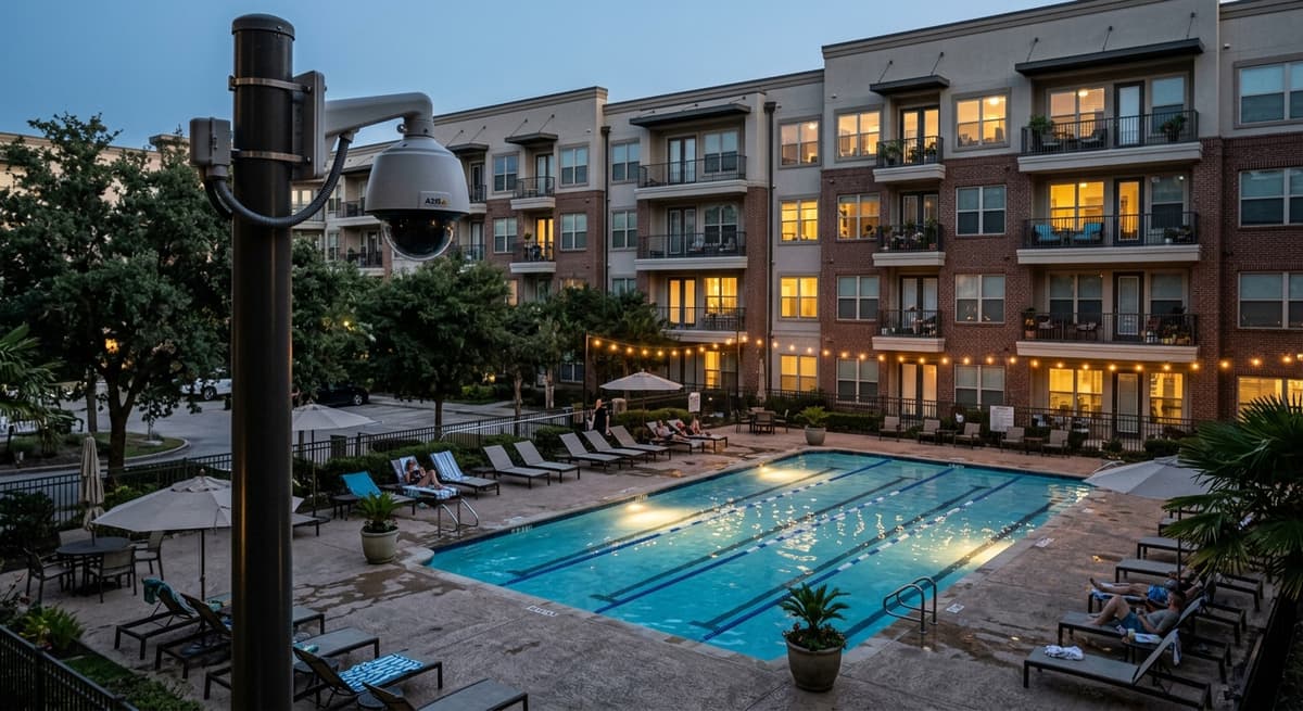 Texas swimming pool area behind an apartment complex with a camera on a pole