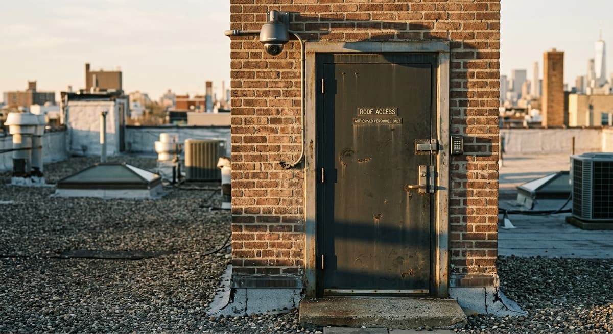 Arkansas apartment building roof access door with a security camera above it