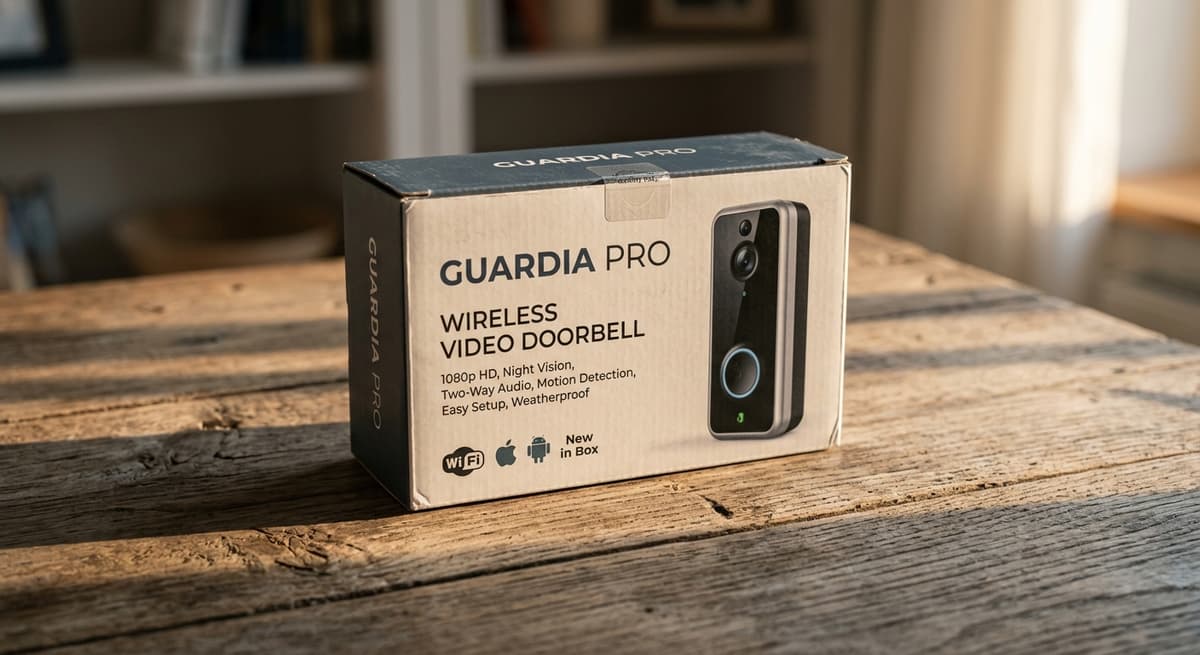 Connecticut wireless doorbell camera packaging box on a table, new in box