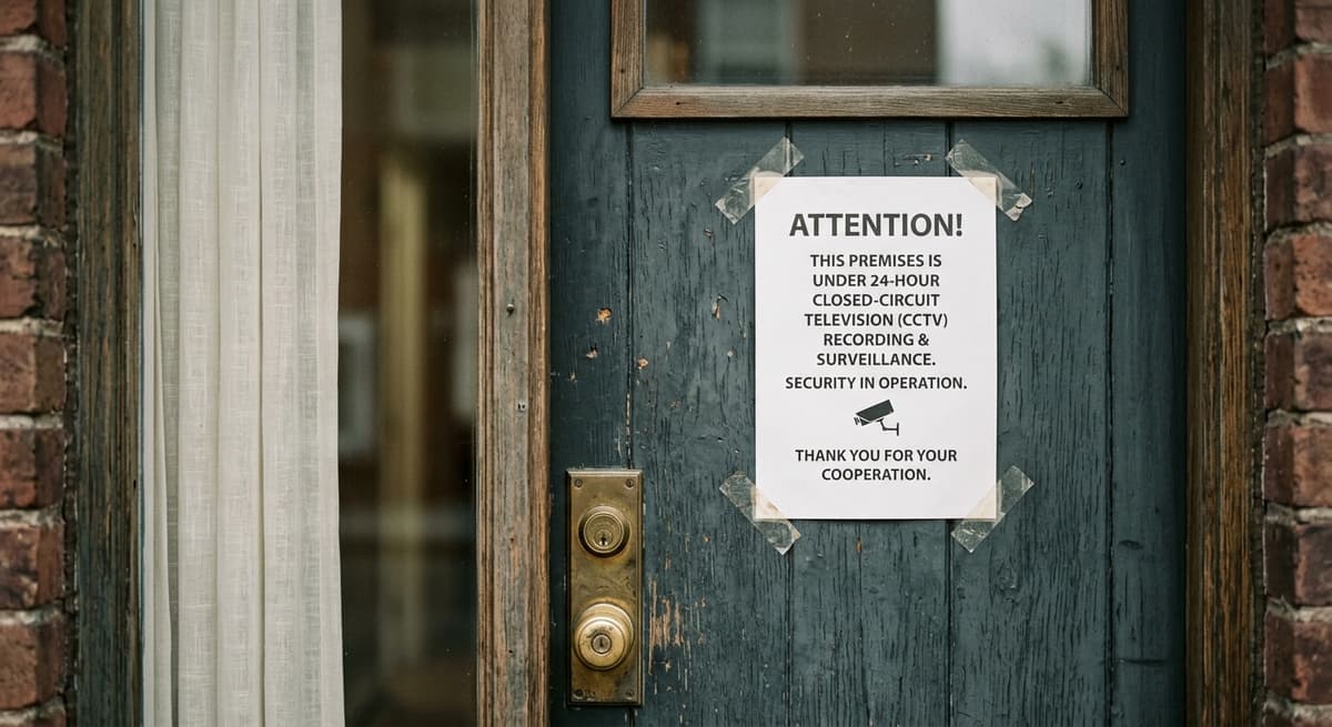 Connecticut building entrance door with a posted notice about surveillance recording