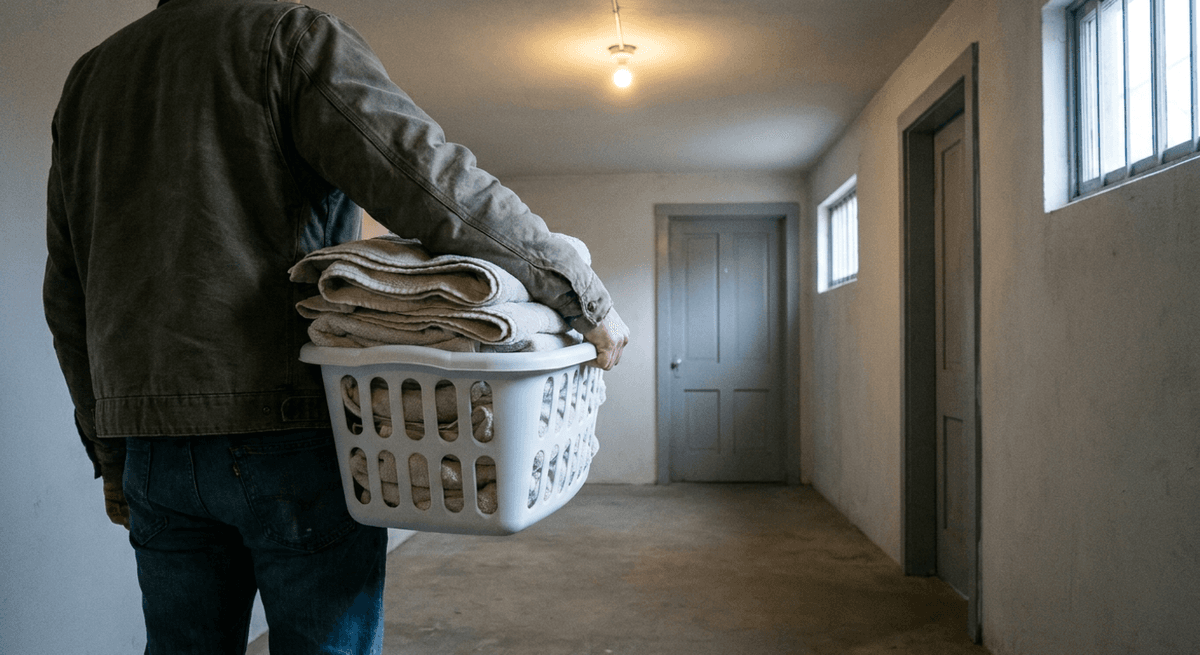 Inquilino de espaldas cargando una canasta blanca de ropa con toallas dobladas por un pasillo de sótano hacia una puerta gris