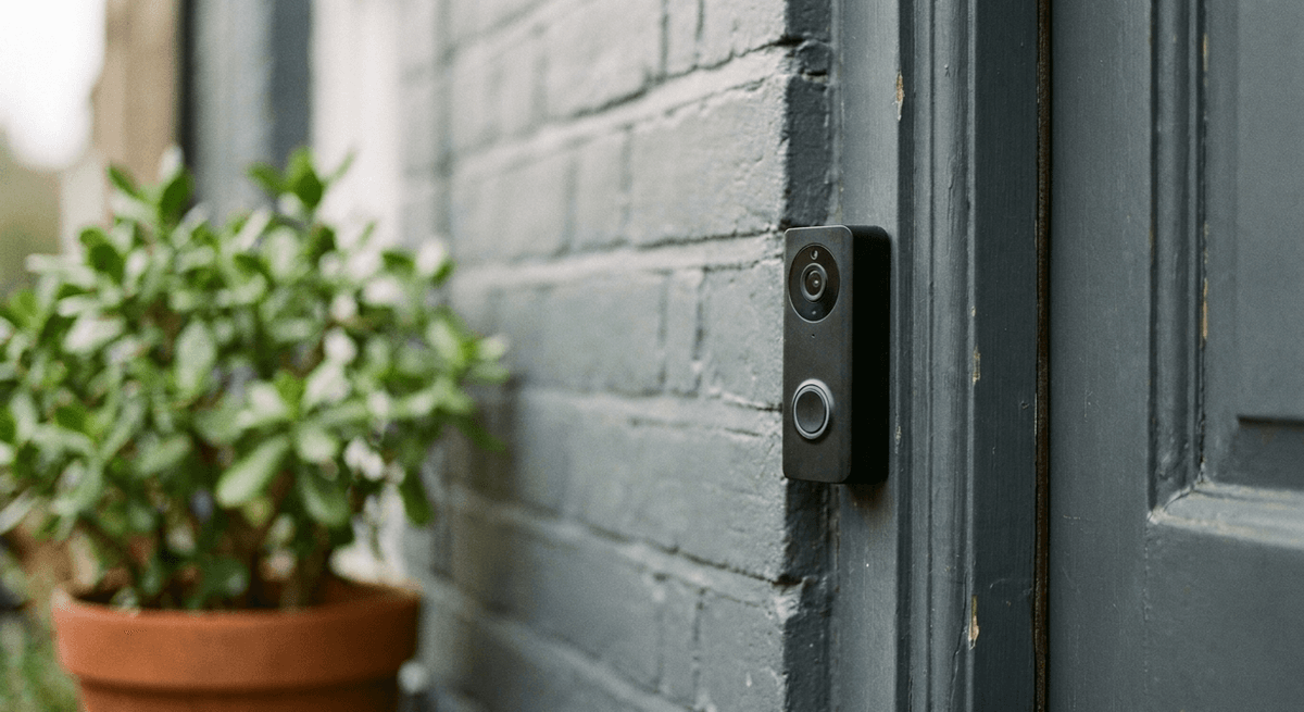 Timbre con cámara de video negro liso instalado en el marco junto a una puerta gris y una planta en maceta
