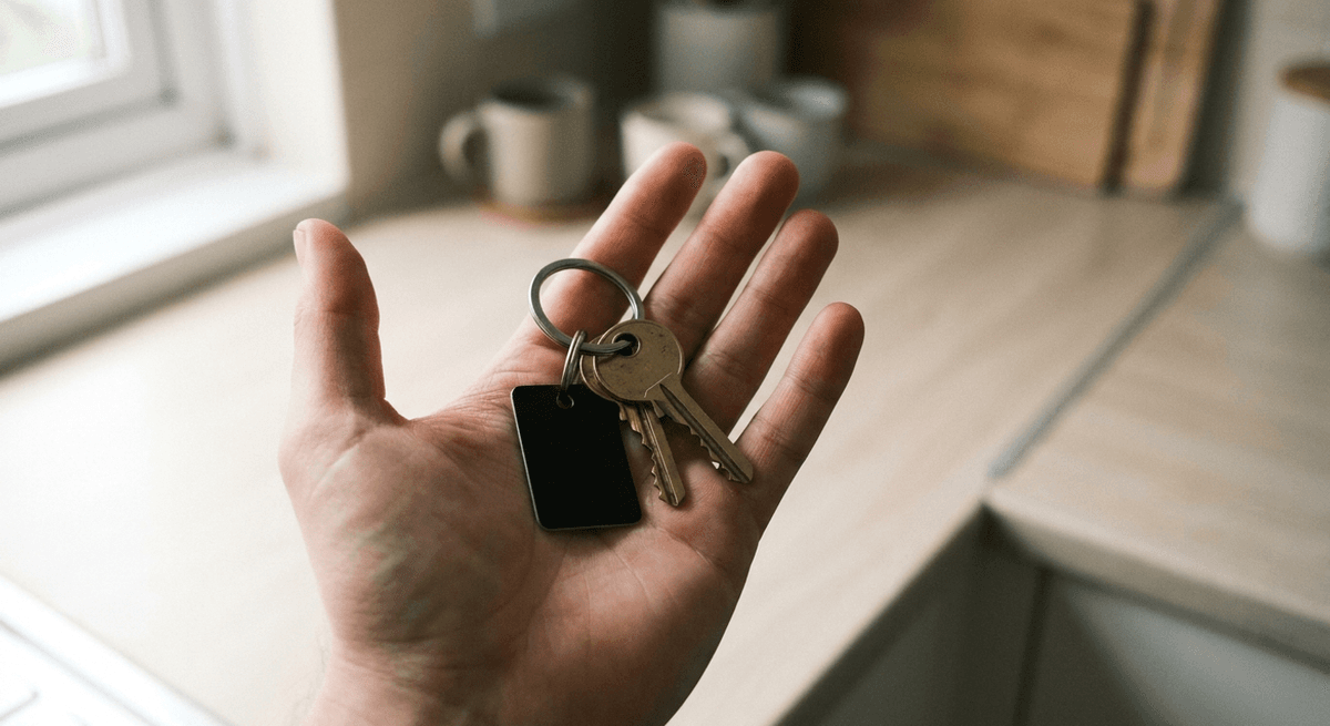 A hand holding out a set of brass apartment keys on a ring in an open palm