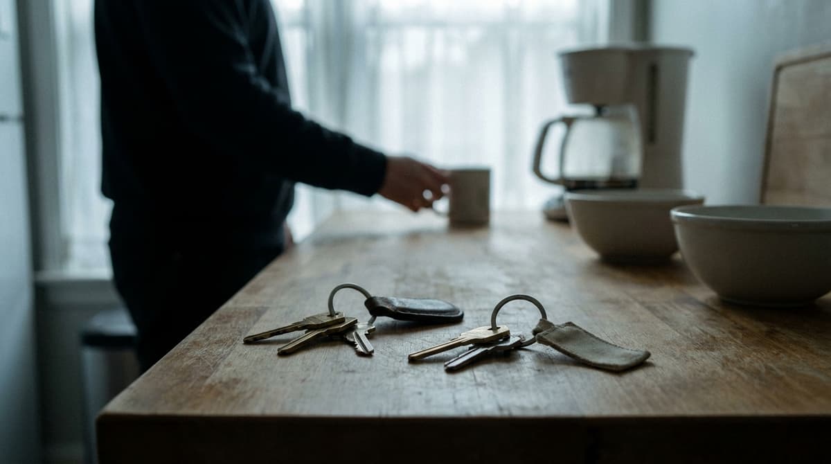 Oklahoma: two sets of house keys on separate key rings resting apart on a kitchen counter