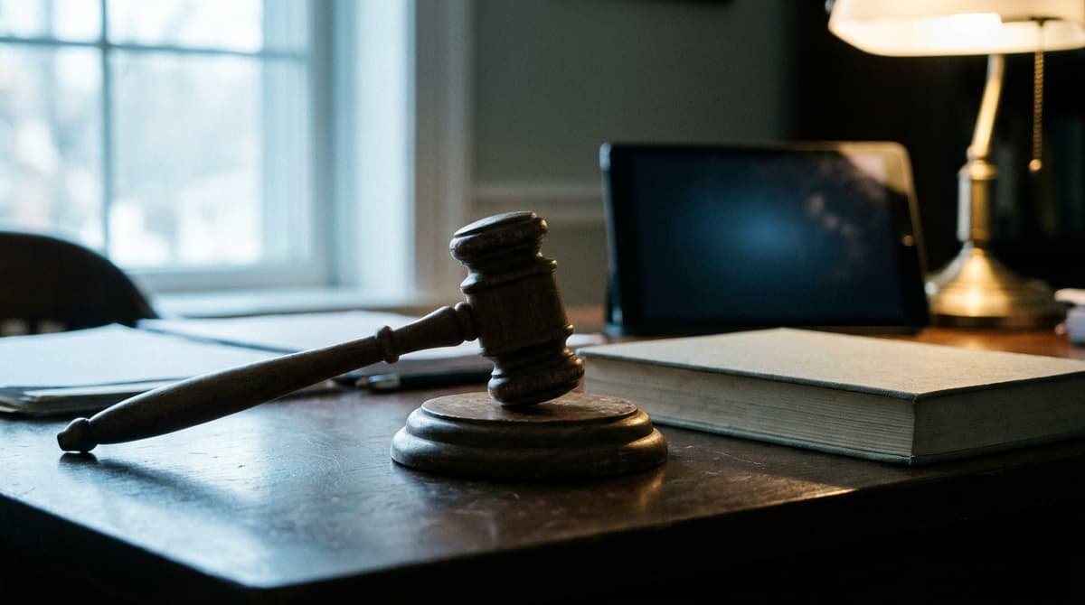 Oklahoma: a wooden gavel on a sound block on a plain desk in window light