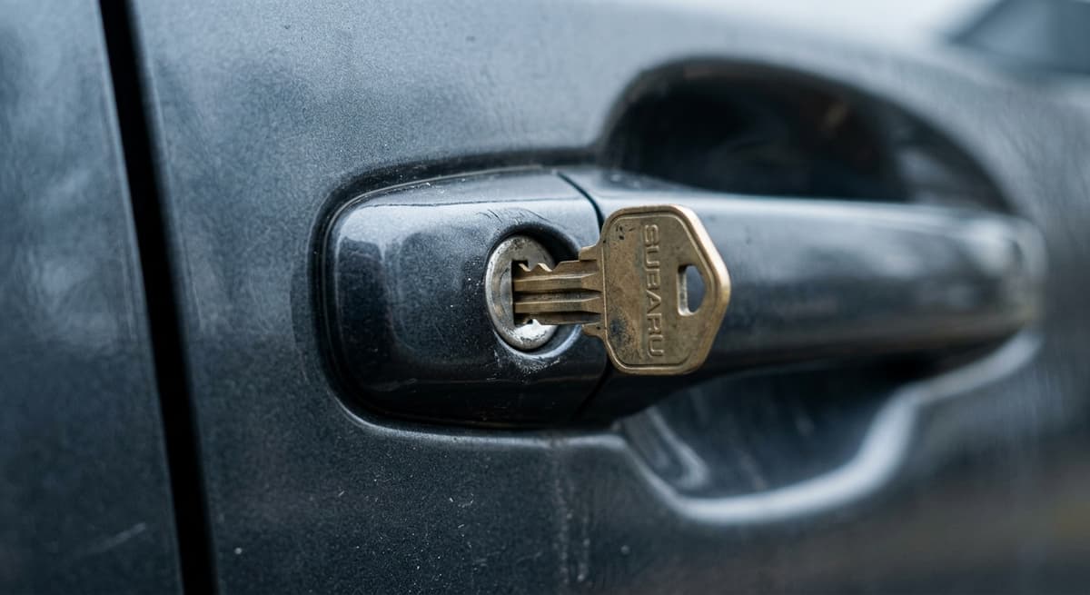 Manija de puerta de automóvil de Estados Unidos con una llave insertada, toma de cerca