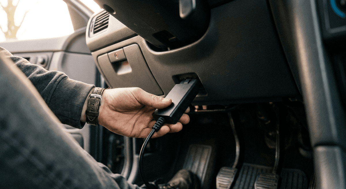 Una mano conectando un adaptador de diagnóstico negro liso al puerto bajo el volante de un auto