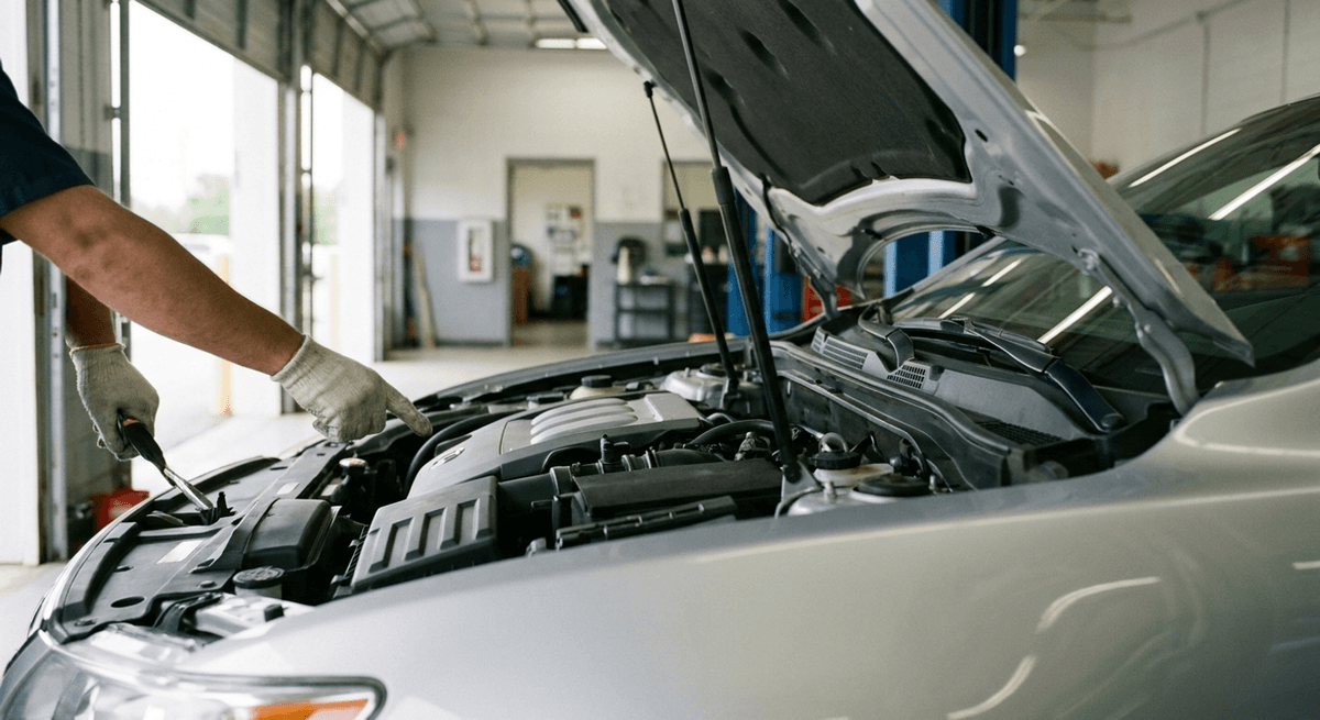 A mechanic's gloved hand pointing into the open engine bay of a silver sedan in a service garage