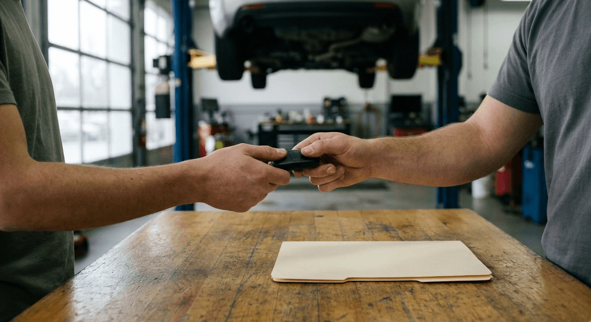Manos intercambiando una llave de auto sobre el mostrador de un taller con una carpeta cerrada