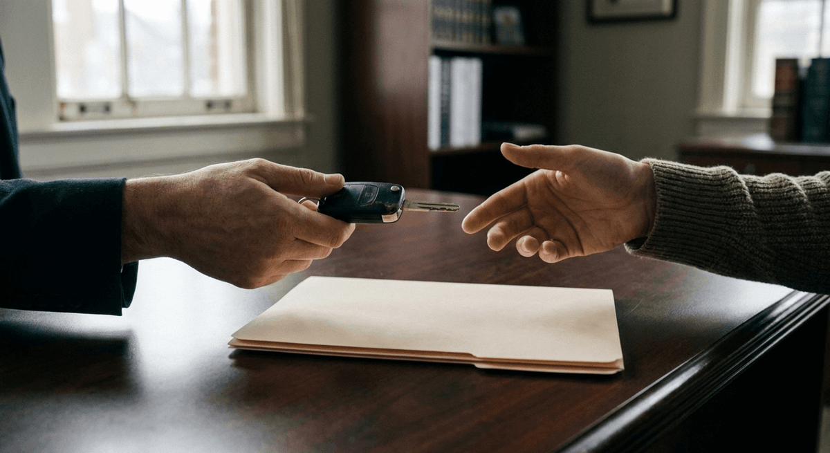 Mano deslizando una llave de auto sobre un escritorio hacia otra mano, con una carpeta cerrada en medio
