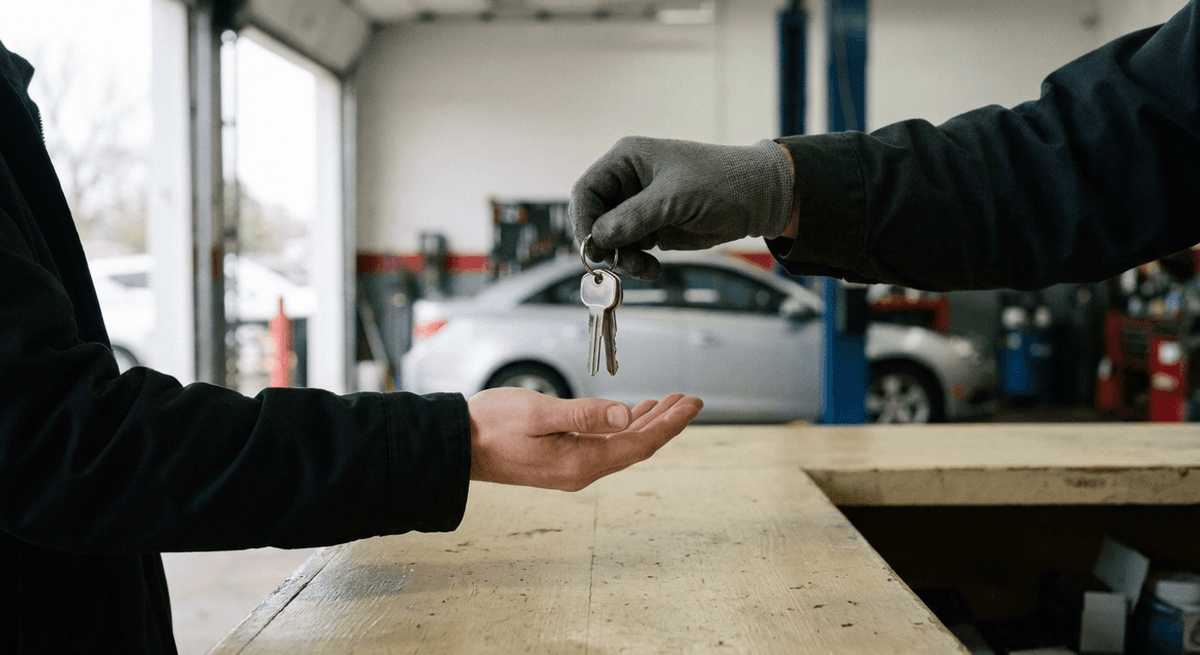 un mecánico con guante entrega un juego de llaves de auto a la palma abierta de un cliente sobre un mostrador de taller