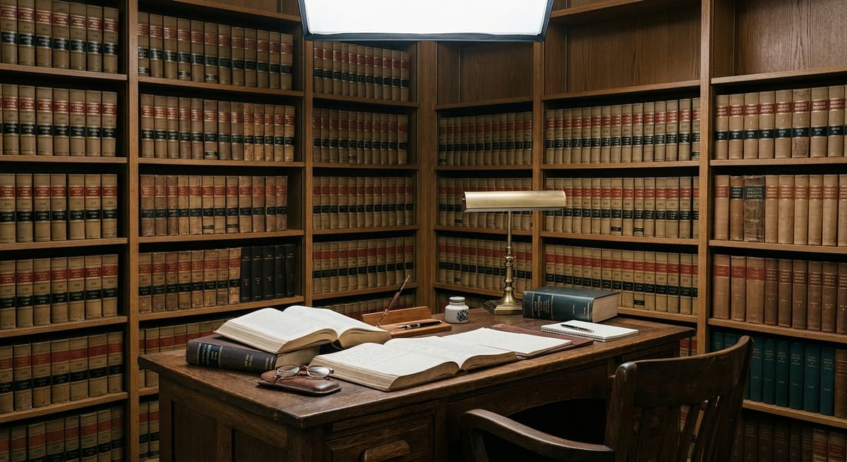 library reading room with rows of law books and a wooden desk