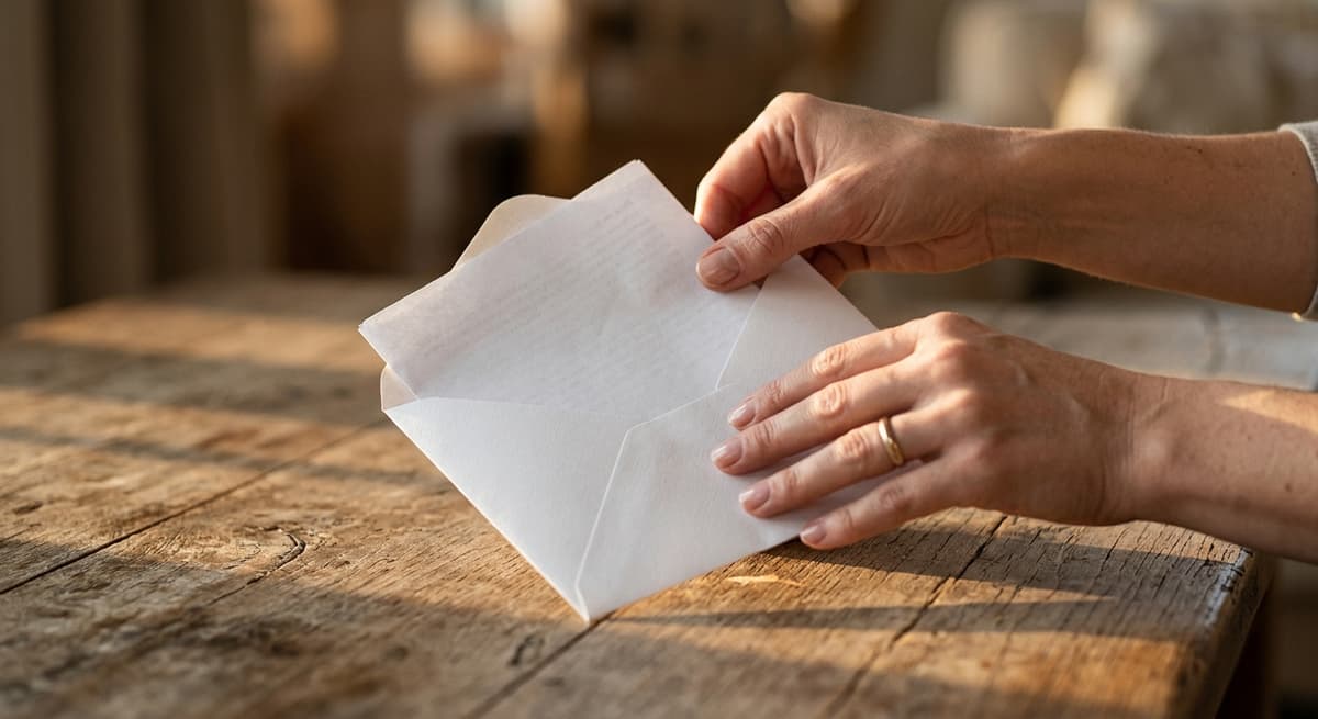 hands placing a document into a white envelope