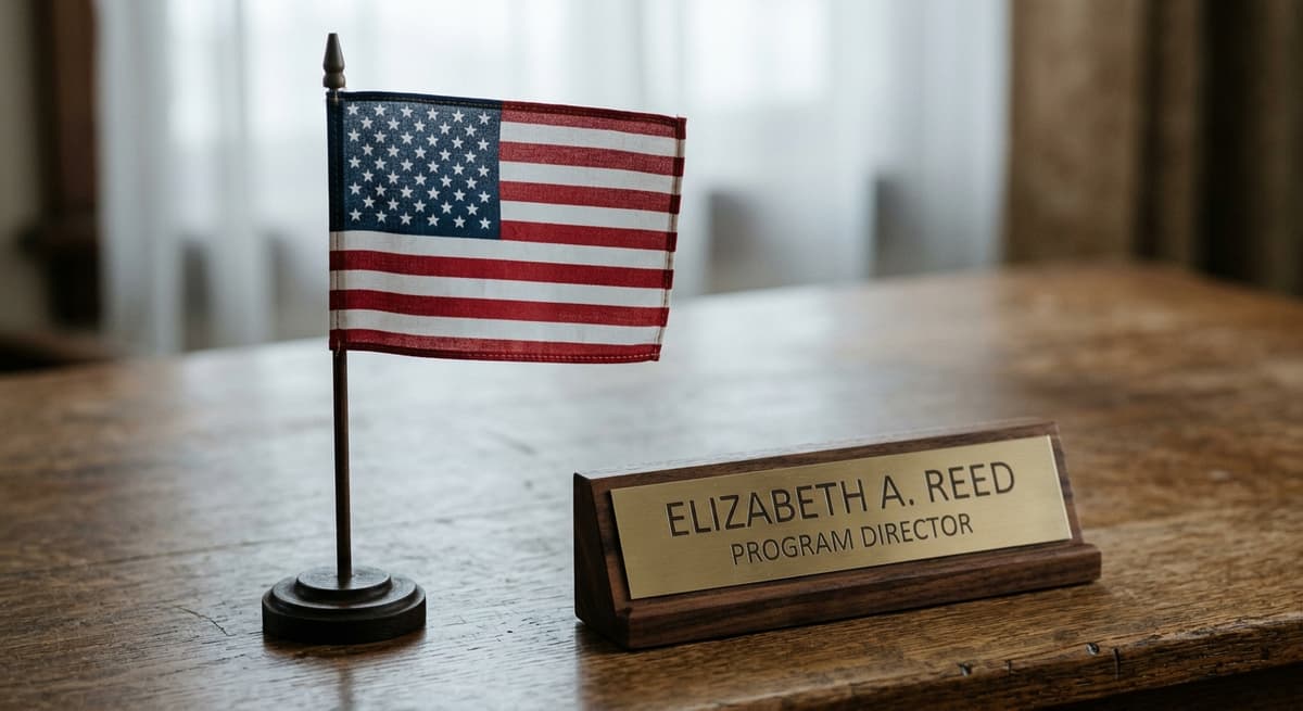 small American flag standing on a desk beside a nameplate