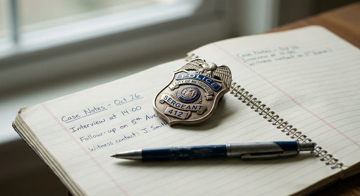 police badge resting on a notebook