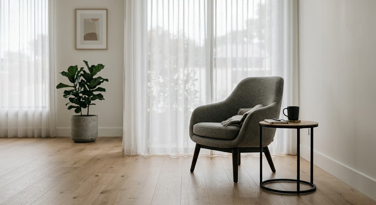 modern office reception area with a single chair and small table