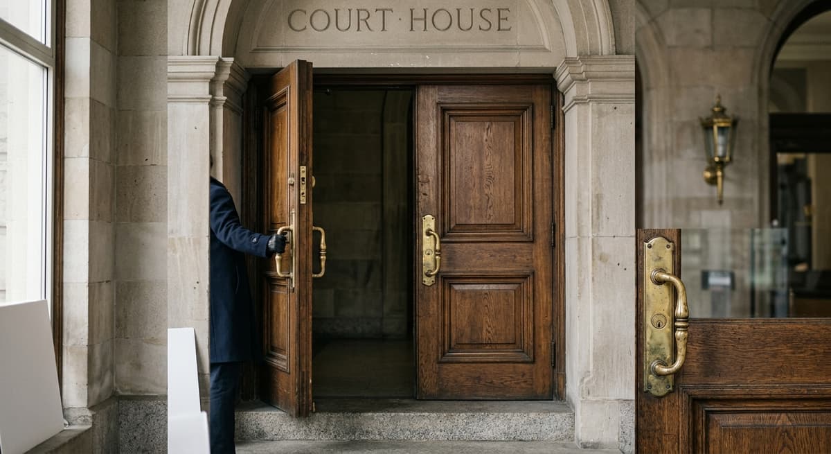 cadena perpetua: puerta de entrada de un tribunal con manijas de latón