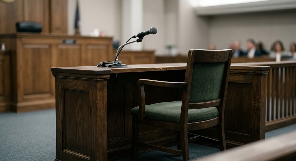 cadena perpetua: silla de testigos en una sala de tribunal con un micrófono