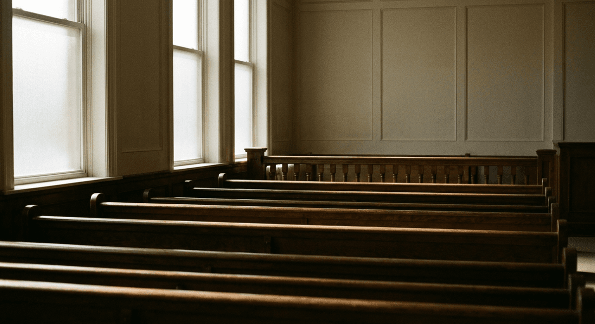Rows of empty wooden benches in a quiet courtroom gallery facing a plain railing and paneled wall