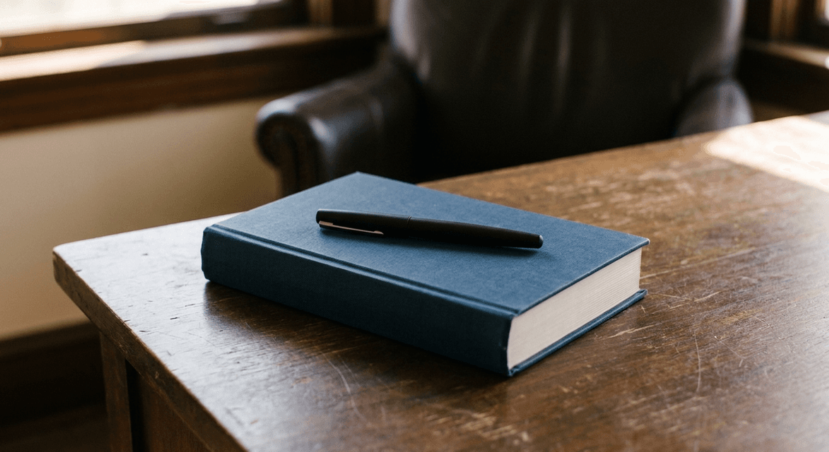 Una pluma negra sobre un libro cerrado con tapa azul de tela en un escritorio de madera oscura