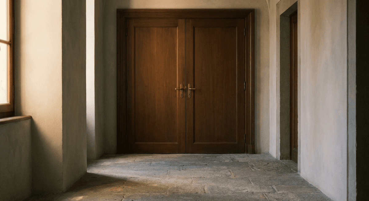 Closed plain wooden double doors with brass handles at the end of a quiet stone hallway