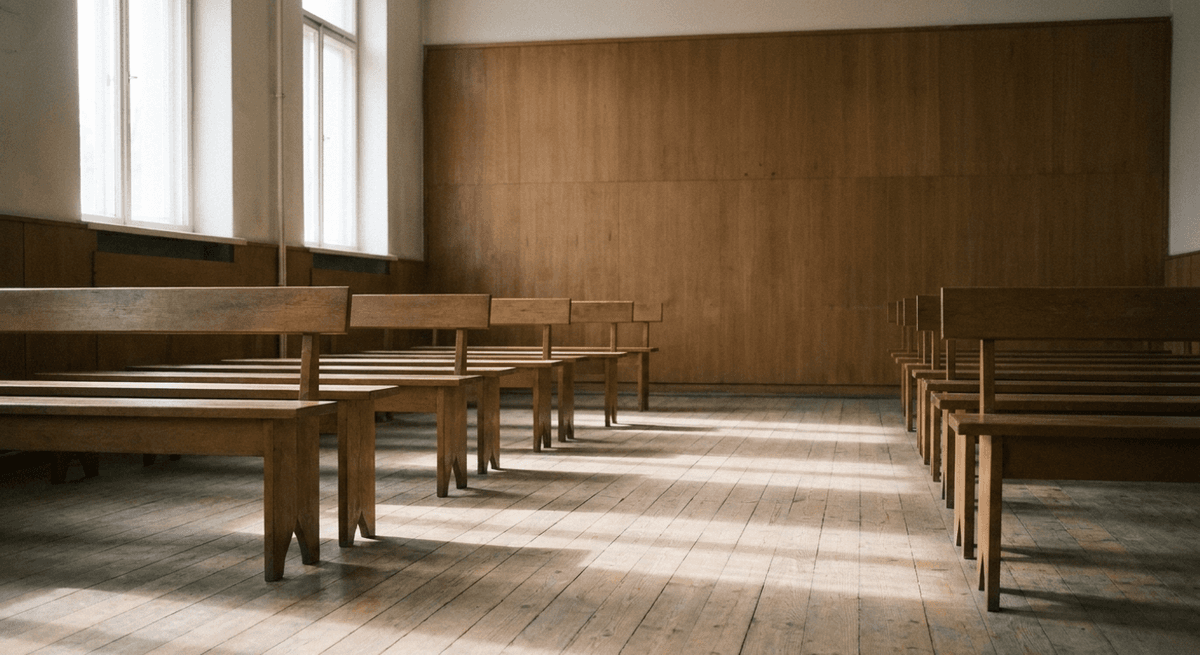 filas de bancas de madera vacías en un salón sencillo con luz natural sobre el piso
