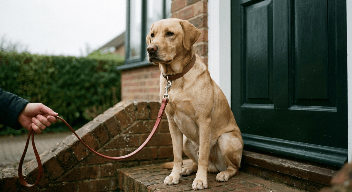 a calm labrador sitting beside a green front door while a hand holds a red leather leash